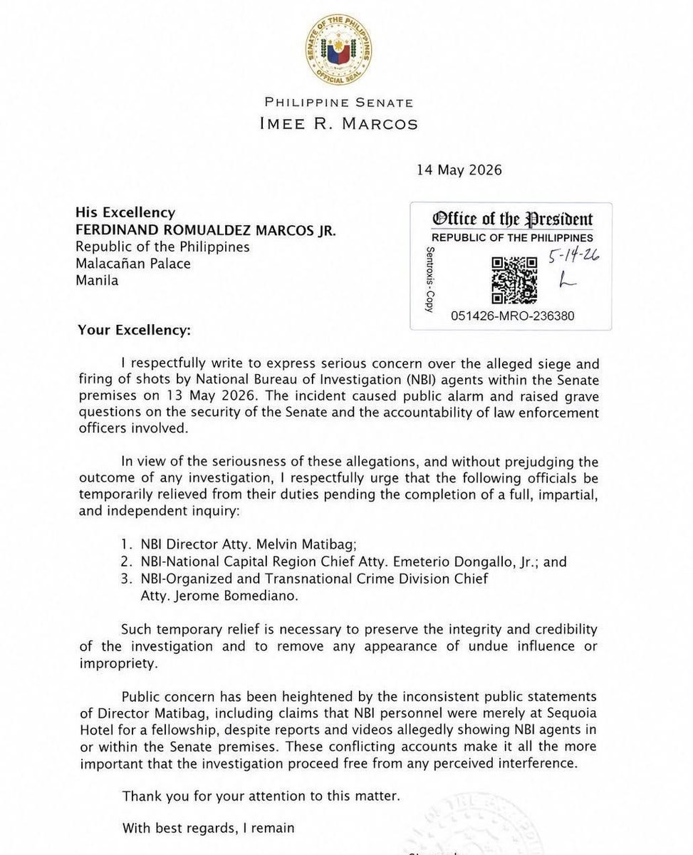 newswatchplusph's tweet photo. IMEE URGES BBM TO TEMPORARILY RELIEVE NBI DIRECTOR, CHIEFS

JUST IN: Senator Imee Marcos urges her brother, President Ferdinand Marcos Jr., to temporarily relieve three National Bureau of Investigation officials amid investigation into the shooting incident at the Senate on Monday night and the alleged involvement of some NBI agents.

In a letter to the President, the senator named the following officials:

• NBI Director Melvin Matibag
• NBI-NCR chief Emeterio Dongallo Jr.
• NBI Organized and Transnational Crime Division chief Jerome Bomediano | @eimorpsantos