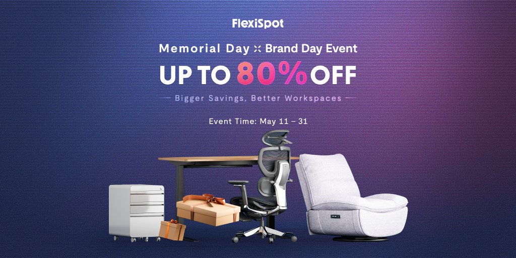 FlexiSpot's tweet photo. The Memorial Day × Brand Day Event is here — and it’s packed with surprises.

🎁 Free order opportunities
🎁 Tiered savings across bestsellers
🎁 Exclusive drops & limited gifts

From workspace upgrades to everyday comfort, everything is designed to move better with you.

🗓️ May 11 – May 31

Tap in & explore more:
https://t.co/wW85JEP5B8

#flexispot #MemorialDaySale #BrandDayEvent #standingdesk #homeupgrade #freeorder