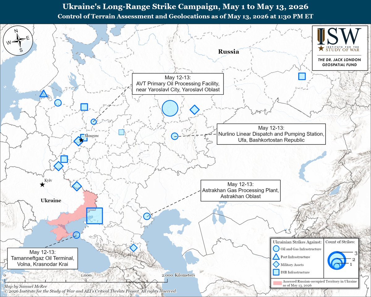 TheStudyofWar's tweet photo. Russian Offensive Campaign Assessment, May 13, 2026

The Kremlin is doubling down on its demand that Ukraine withdraw from all of Donbas as a precondition for the resumption of negotiations.

Other Key Takeaways: 

Russia’s exaggerated territorial ambitions and aggressive territorial demands run completely counter to battlefield reality.

US President Donald Trump said that he has not agreed with Putin that Russia should acquire all of Donetsk and Luhansk.

Russian courts are increasingly leveraging corruption charges as a pretext to nationalize Russia’s largest corporations, likely setting conditions for the broader nationalization of private assets to support state revenues.

Russian demands for cash reached an all-time high over Victory Day weekend, demonstrating rising societal fears over internet restrictions and tax policy.

Ukrainian forces continue to increase the range and frequency of their long-range drones strikes against Russian oil infrastructure, exploiting overstretched Russian air defenses.

Russian forces conducted large-scale drone strikes overnight on May 12 and throughout the day on May 13, killing at least six people.

The Russian State Duma passed a bill granting the Russian president powers for extraterritorial military operations to protect Russian citizens abroad, previously introduced on March 10.

Ukrainian forces recently advanced in the Slovyansk, Oleksandrivka, and Hulyaipole directions and in the Kostyantynivka-Druzhkivka tactical area.