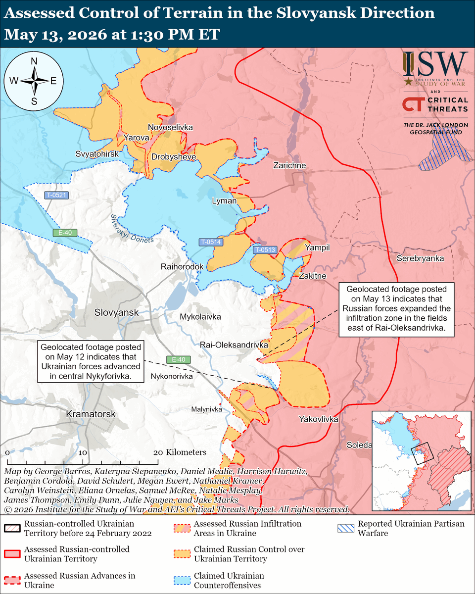 TheStudyofWar's tweet photo. Russian Offensive Campaign Assessment, May 13, 2026

The Kremlin is doubling down on its demand that Ukraine withdraw from all of Donbas as a precondition for the resumption of negotiations.

Other Key Takeaways: 

Russia’s exaggerated territorial ambitions and aggressive territorial demands run completely counter to battlefield reality.

US President Donald Trump said that he has not agreed with Putin that Russia should acquire all of Donetsk and Luhansk.

Russian courts are increasingly leveraging corruption charges as a pretext to nationalize Russia’s largest corporations, likely setting conditions for the broader nationalization of private assets to support state revenues.

Russian demands for cash reached an all-time high over Victory Day weekend, demonstrating rising societal fears over internet restrictions and tax policy.

Ukrainian forces continue to increase the range and frequency of their long-range drones strikes against Russian oil infrastructure, exploiting overstretched Russian air defenses.

Russian forces conducted large-scale drone strikes overnight on May 12 and throughout the day on May 13, killing at least six people.

The Russian State Duma passed a bill granting the Russian president powers for extraterritorial military operations to protect Russian citizens abroad, previously introduced on March 10.

Ukrainian forces recently advanced in the Slovyansk, Oleksandrivka, and Hulyaipole directions and in the Kostyantynivka-Druzhkivka tactical area.