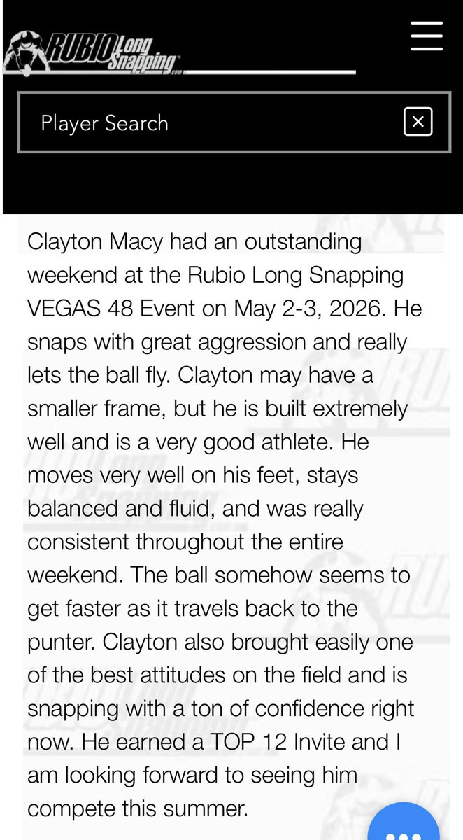 Clayton_Macy_36's tweet photo. Thank you @TheChrisRubio for the write-up. Excited to keep working and compete for the TOP 12 this summer with some of the best in the country. 
@swobo @RSHS_Football https://t.co/RBP42eWwwg