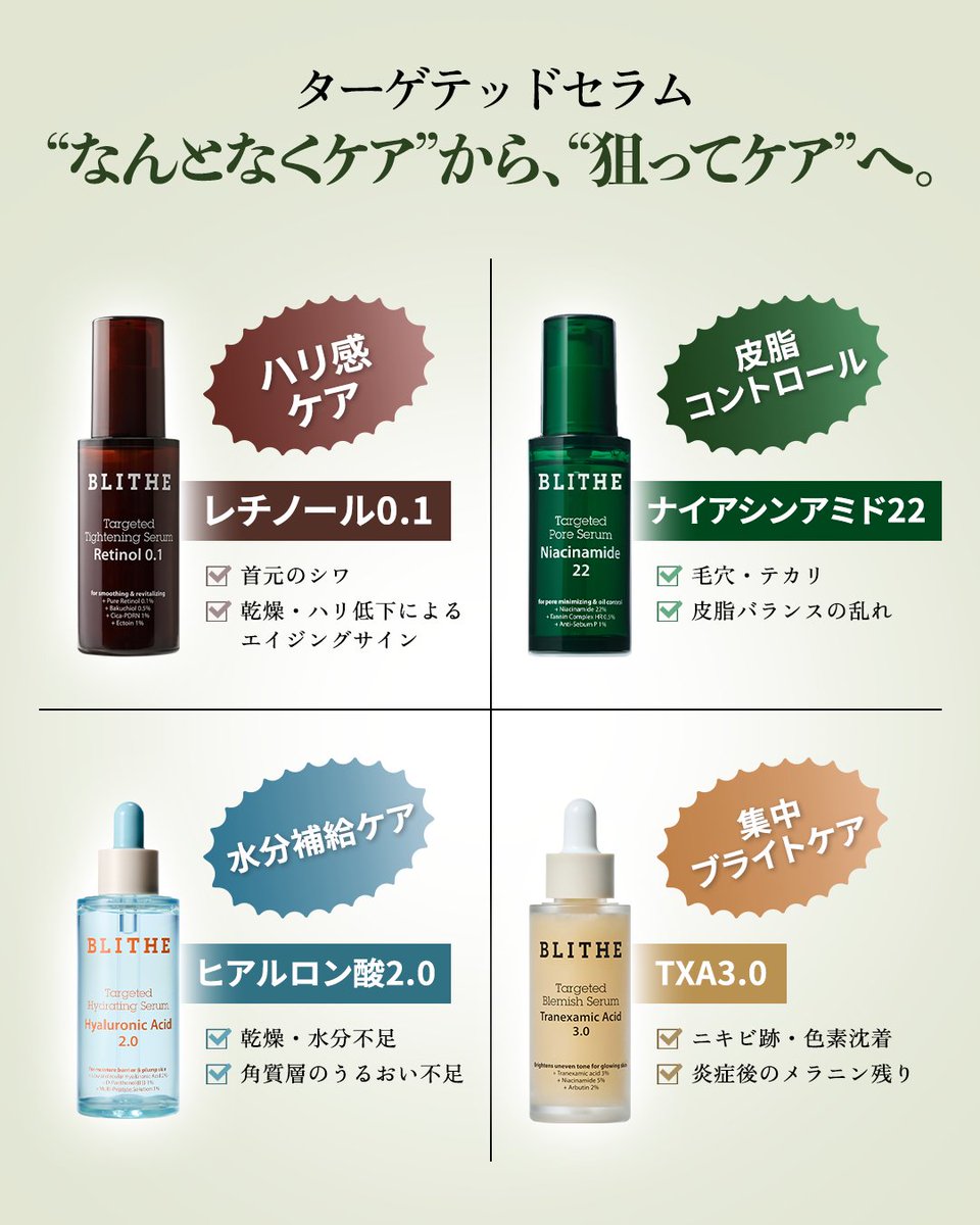 blithe_jp's tweet photo. そのスキンケア、
6月も同じで大丈夫？🌿
Qoo10メガ割期間限定で、
セラム2点目から50%OFFのチャンス📢

季節や肌状態に合わせて、
“なんとなくケア”から“狙ってケア”へ。
✔ ハリ感ケア
✔ 毛穴・皮脂バランスケア
✔ うるおい補給
✔ 集中ブライトケア

今の肌悩みに合わせ���、
セラムを組み合わせるのもおすすめ✨
自分にぴったりのケアを見つけてみてください💙

#韓国スキンケア #美容液おすすめ #毛穴ケア #水分ケア #メガ割