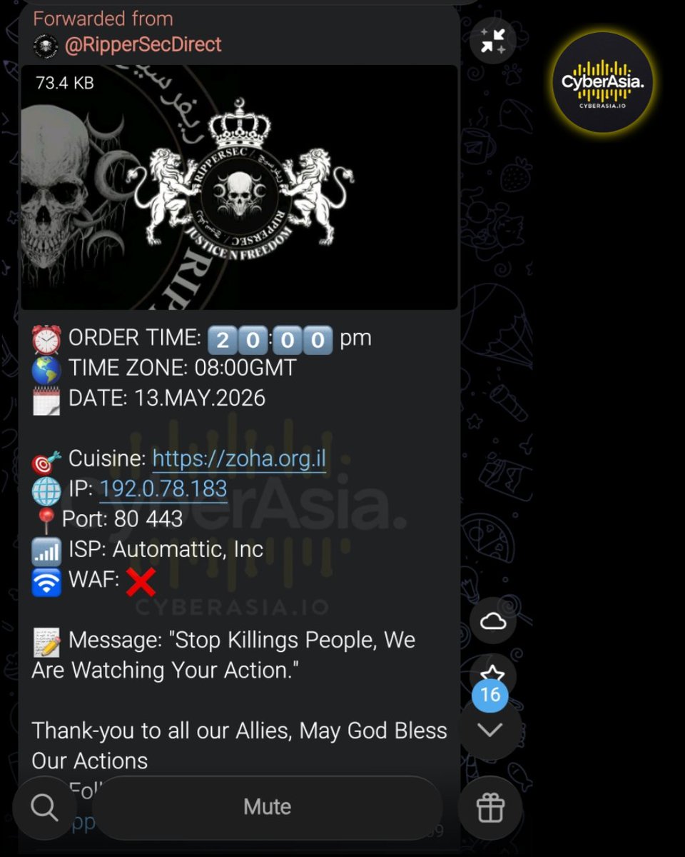 cyberasia_io's tweet photo. 🚨 Israel Alert 🇮🇱

The hacktivist group RipperSec executed a Distributed Denial of Service (DDoS) attack against the Israeli organization website https://t.co/a2wyE9I1Vl

#CyberSecurity #DDoS #RipperSec #Israel #Hacktivism #Zoha https://t.co/b1HrpmhIll