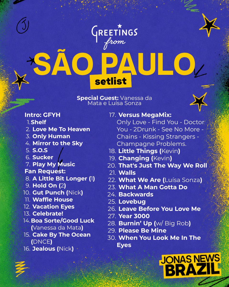 jonasnewsbrazil's tweet photo. Confira a setlist completa do show dos Jonas Brothers nesta noite em São Paulo, Brasil. 🇧🇷✨ 

#GreetingsFromSaoPaulo https://t.co/6A9oWM1bC8