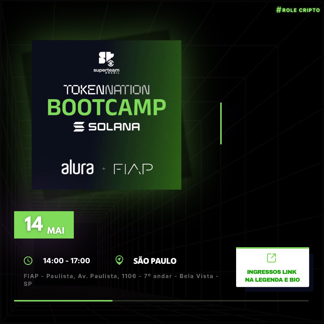 RoleCripto's tweet photo. ⚡ Bootcamp Solana para devs Web2 que querem entrar no Web3.

Aprenda Anchor, SPL Tokens, Next.js, integração onchain e prepare seu projeto para o HackaNation 2026.

📅 14/05
🕑 14h–17h
🎟️ https://t.co/AfmFTkaJ3G

#Web3 #RoleCripto #Bitcoin https://t.co/WyDbLWFPXY