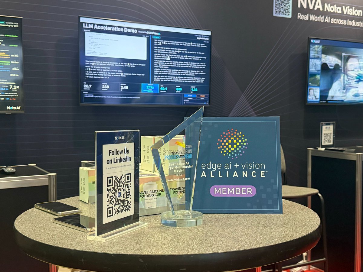 nota_ai's tweet photo. EVS 2026 — it's been a great three days. Thank you, Santa Clara. 🙌

#NVA won the 2026 Edge AI and Vision Product of the Year. Agentic #NetsPresso® drew a crowd. And the demos ran live on real hardware.
Thank you to everyone who stopped by #NotaAI booth. https://t.co/lXgjJxPprh