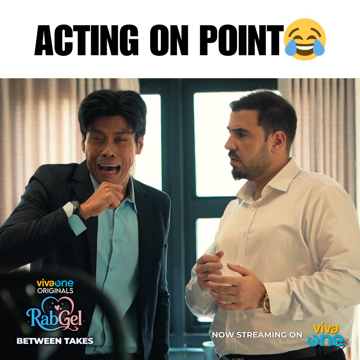 vivaoneintl's tweet photo. Grabe naman ’yang actingan na ’yan, Kuya Jerald! 😭😂

Witness these exclusive behind-the-scene clips from Viva One Original Series: RABGEL “BETWEEN TAKES. ”Stream it now, only on #VivaOne! 
https://t.co/5dtsW9BEQo

#VivaOneOriginalsRabGel #BetweenTakes https://t.co/sGOu3dXME0