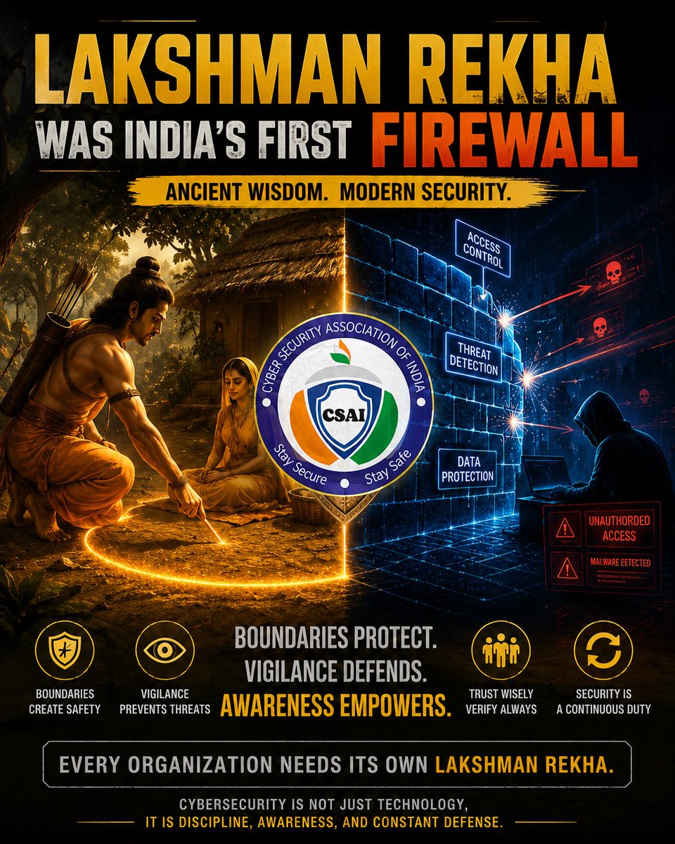 NATIONALTELECOM's tweet photo. 𝗟𝗮𝗸𝘀𝗵𝗺𝗮𝗻 𝗥𝗲𝗸𝗵𝗮 𝗪𝗮𝘀 𝗜𝗻𝗱𝗶𝗮’𝘀 𝗙𝗶𝗿𝘀𝘁 𝗙𝗶𝗿𝗲𝘄𝗮𝗹𝗹🔥

Long before modern cybersecurity existed, Indian epics taught the importance of boundaries, vigilance, and protection.

Just as Lakshman drew a sacred protective line to shield Sita from danger, modern firewalls create digital boundaries that block unauthorized access and malicious threats.

But the real lesson is deeper, 
even the strongest security fails when boundaries are ignored, trust is misplaced, or vigilance drops.

In today’s digital world, every organization needs its own Lakshman Rekha.
Because cybersecurity is not just technology, it is discipline, awareness, and constant defense.

#CyberSecurity #Firewall #CyberGita #DigitalSecurity #InfoSec #CyberAwareness #IndianWisdom #CyberDefense