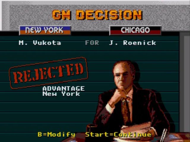jack_has_spoken's tweet photo. @Sirbeaterofarse My favorite part of NHL '95 (Genesis) 

1) Craig Patrick judging my trades in between nips of Wild Turkey 

2) trying to slide gooner trades like Matt barnaby for Sergei Fedorov past Craig https://t.co/YxGDeSn4YL