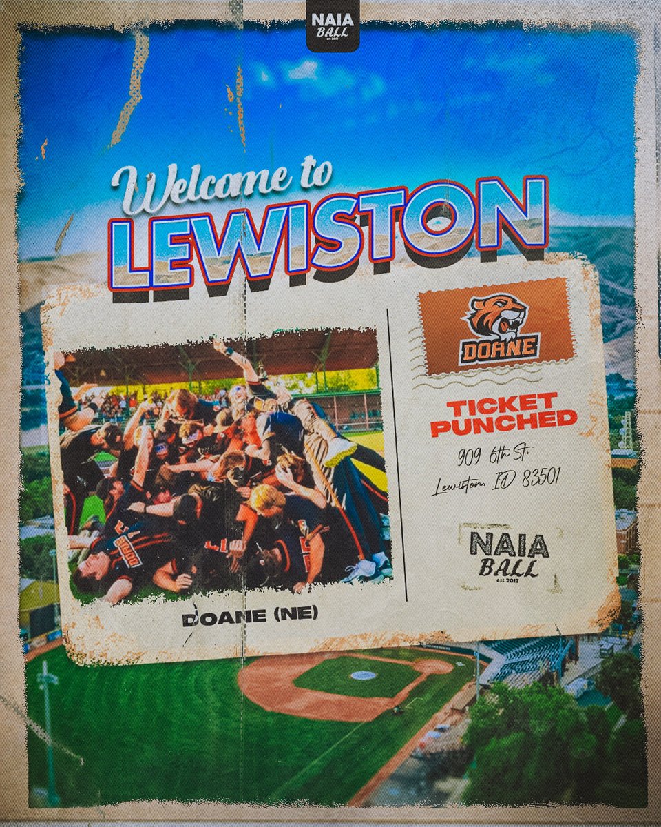 NAIABall's tweet photo. 🏆Welcome to Lewiston, Doane (NE)

Congratulations to the Tigers of Doane (47-9) on punching their ticket to the 2026 NAIA World Series!  The Tigers swept through the Lincoln Opening Round and earn their first World Series appearance in program history! #NAIABall @DoaneAthletics @DoaneBaseball