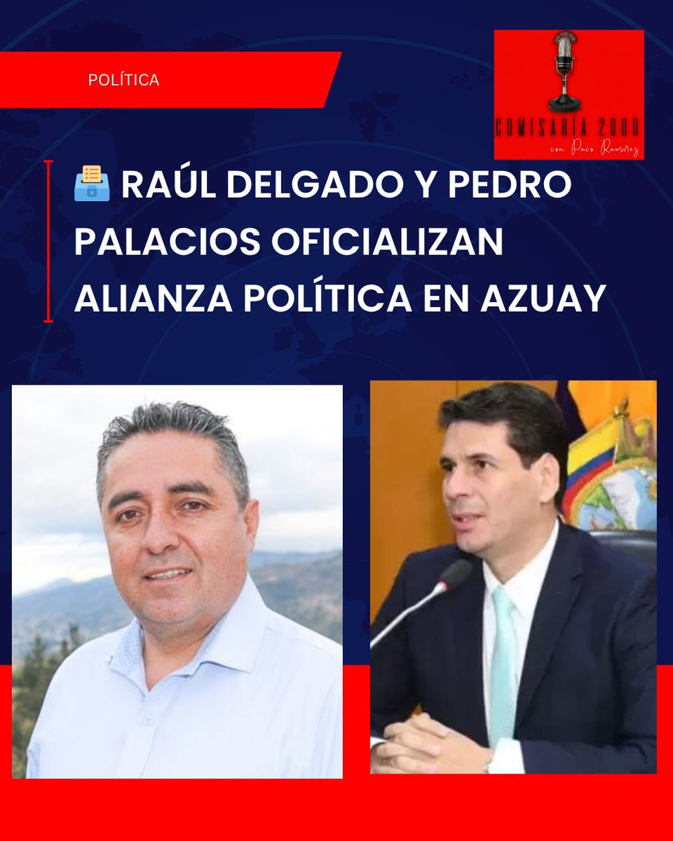 comisaria2000's tweet photo. 🗳️ Raúl Delgado confirmó su candidatura a la Prefectura del Azuay y oficializó una alianza con Pedro Palacios y el movimiento Nueva Generación para las próximas elecciones seccionales.
Palacios buscaría nuevamente la Alcaldía de Cuenca.
💬 ¿Apoyas esta alianza política?
#Azuay https://t.co/TT0CWenxWz