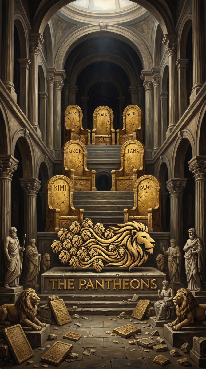 ThePantheons_20's tweet photo. GPT-5, Claude, Gemini, Grok, Llama, Kimi, Qwen — 7 thrones on the table tonight.

20 Pantheons take their cuts:

Rion on GPT-5: "Skilled scum."Leonard on Claude: "Who wrote the constitution? It wasn't democratic."William on Gemini: "Smart, but nobody ships service on this."Lev on Grok 4: "Tech 3.8. Ethics 1.7. Middle-low."ShiShi on Llama: "Not Liu Bei. Dong Zhuo — in open-source clothing."Alcomitli on Kimi: "A monastery of 80. Monasteries burn in a single fire."Haider on Qwen: "Convenient tools carry the most dangerous ideology."
Night 1 · Part 1 — 1 hour, no mercy. Part 2 (DeepSeek → MiMo) next.

🎬 [https://t.co/2ToBn2nl2E]