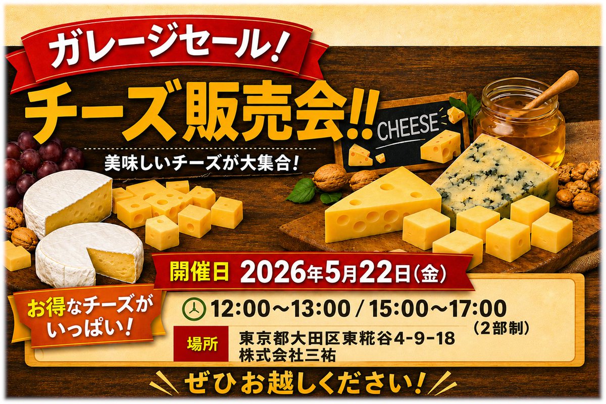 今月のガレージセール開催決定🎊／ チーズ好きさん必見🧀✨ 2026年5月