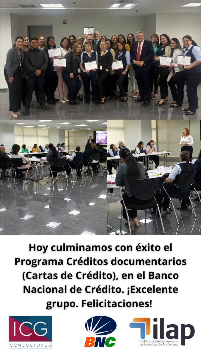 josegrasso's tweet photo. En @ConsultoresICG e @institutolap hoy culminamos con éxito la formación de otro excelente grupo en Créditos documentarios (Cartas de Crédito) en el BNC. ¡Impulsa tu talento! Cursos@institutolap.com https://t.co/wiSpCgiPw0
