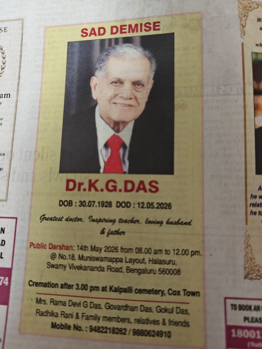 sundar_s1955's tweet photo. Prof KG Das was not my teacher directly as I studied in KMC Manipal /Mangalore .
Prof Das was a legend in Bangalore medical college and we would hear about his teaching skills .
Some of us senior citizens  will remember him .
His classification of obesity was taught to us even in KMC Mangalore 

Stages of obesity :
"Pleasantly plump
Likeable obesity 
Laughable obesity 
Pitiable obesity "

We pay homage to this great teacher of medicine 
Om Shanti 🙏