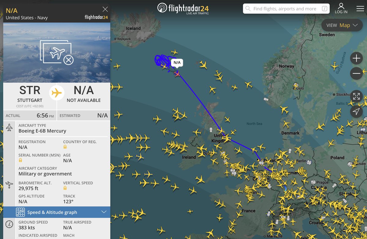 neetintel's tweet photo. E6B #AE040F (dba #AEABAB)'s airspace reservation has expired. It now looks to be returning to mainland Europe, likely back to Stuttgart Army Airfield [ICAO: EDDS].

I am not sure where B2 WENCH11 is, but am inclined to think the SKYMASTER event is complete or near-complete. (1/2) https://t.co/i01SUr4Nla