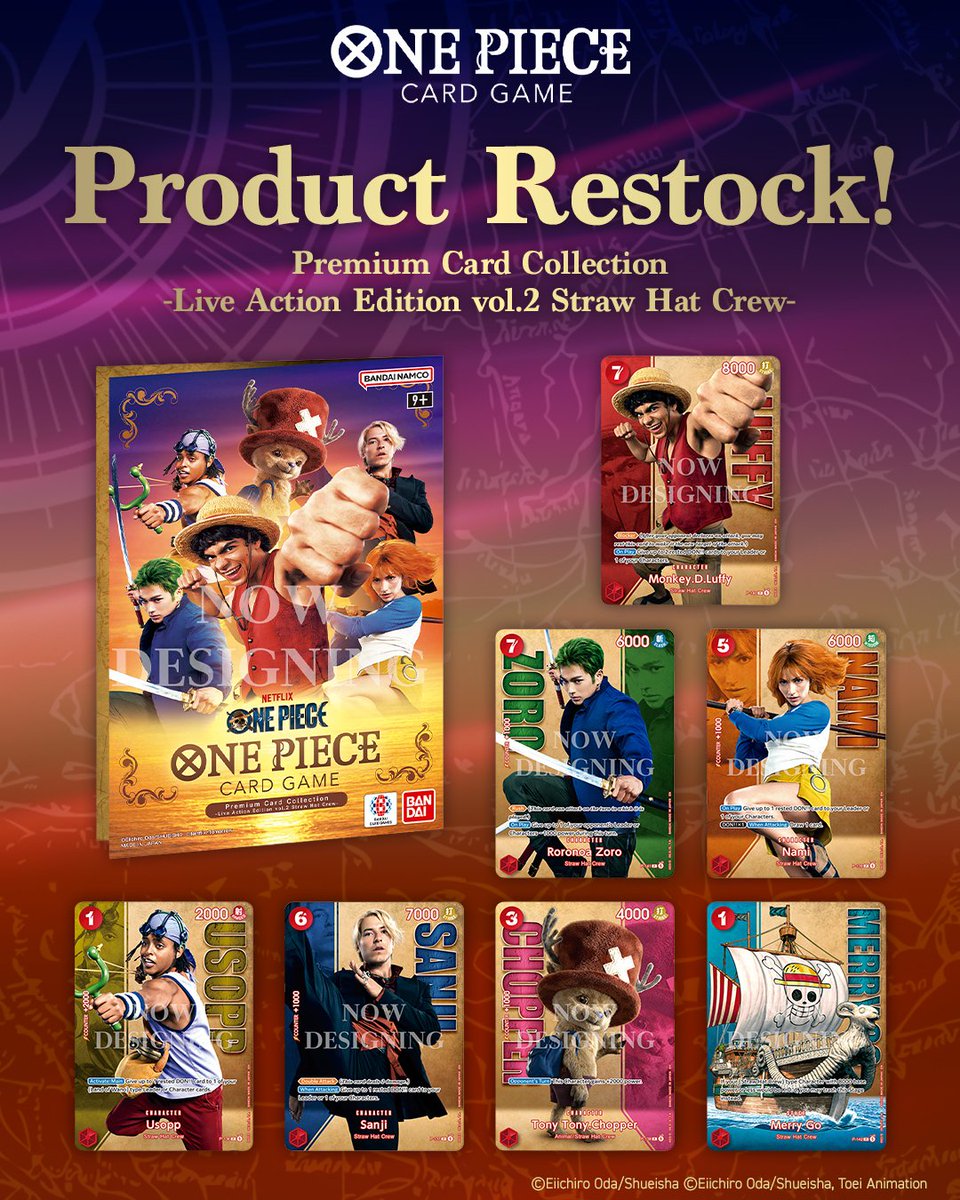 OPMerchandise's tweet photo. Reprints of the following will be available at @_PREMIUMBANDAI_ TOMORROW, May 14 at 8pm PT / 11pm ET:

• Heroines Special Set: https://t.co/wfoBFoNQwL
• Premium Card Collection -Live Action Edition vol.2 Straw Hat Crew-: https://t.co/9wGl2B7Mob
• Premium Card Collection -Live Action Edition vol.2 Baroque Works-: https://t.co/xQVtAQx7cr

Please note that there may be new links than the ones above for the restocks.

#OnePiece 
#OnePieceCardGame 
#Ad