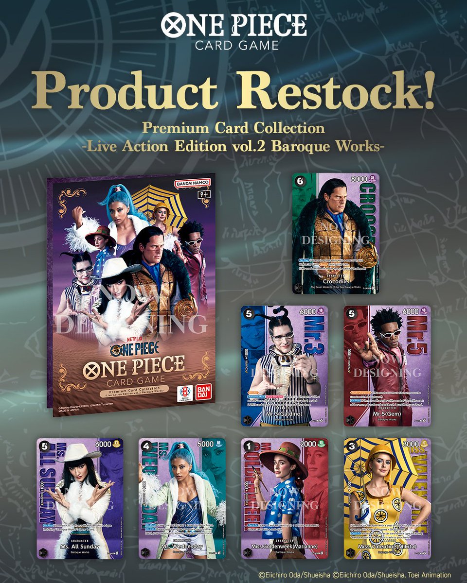 OPMerchandise's tweet photo. Reprints of the following will be available at @_PREMIUMBANDAI_ TOMORROW, May 14 at 8pm PT / 11pm ET:

• Heroines Special Set: https://t.co/wfoBFoNQwL
• Premium Card Collection -Live Action Edition vol.2 Straw Hat Crew-: https://t.co/9wGl2B7Mob
• Premium Card Collection -Live Action Edition vol.2 Baroque Works-: https://t.co/xQVtAQx7cr

Please note that there may be new links than the ones above for the restocks.

#OnePiece 
#OnePieceCardGame 
#Ad