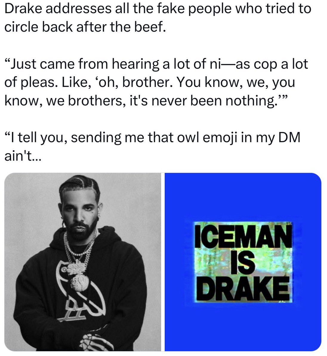 stackgoldent's tweet photo. drake, let’s see how many of y’all suddenly wanna be cool now 😭
album called ICEMEN… cold soul, no friends policy. https://t.co/lvpTdGRySD