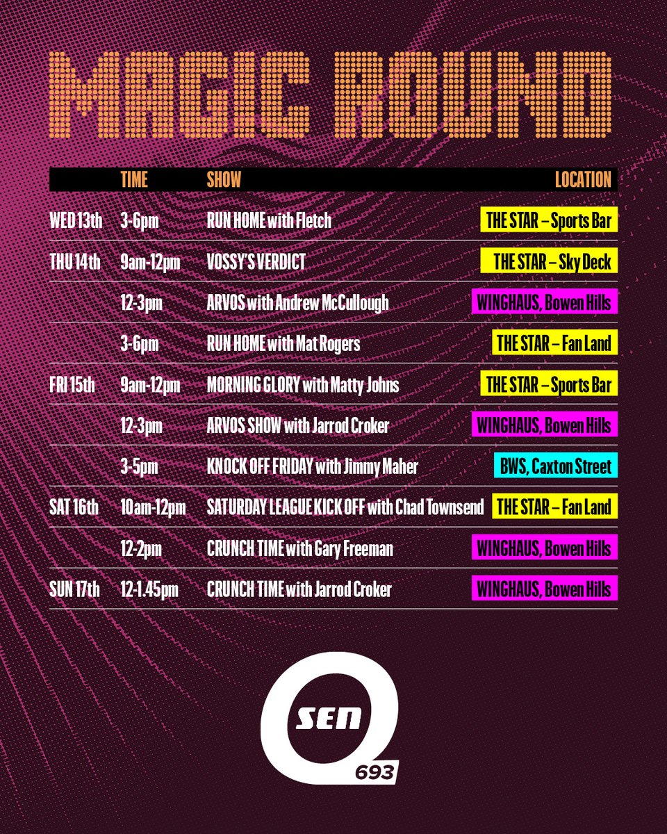SENQLD's tweet photo. Here's where to find us across a HUGE #NRLMagic Round in Brissy! 🤩

SEN will be LIVE across the city all weekend! 🏙

Come say g'day if you're in town for the world's largest Rugby League festival.

https://t.co/2rt1YLqKUf

@SENLeague  | @1170sen https://t.co/ztwMAVgZR7