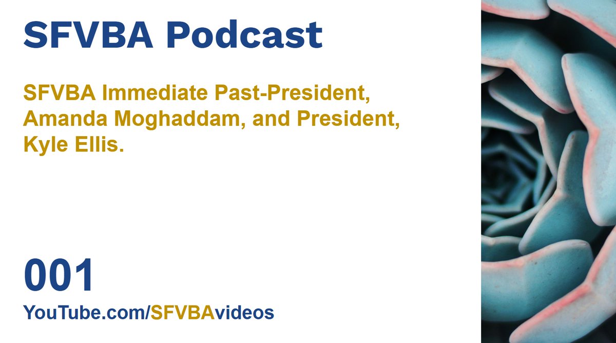 sfvba's tweet photo. The all-new SFVBA podcast! Episode 1 features SFVBA Past-President Amanda Moghaddam and President Kyle M. Ellis: https://t.co/NKwTxhHR8o.

Episode sponsors, Lawyers'​ Mutual Insurance Company California, Lewitt Hackman, and University of West Los Angeles. @LawyersMutual @LewittHackman @UWLA