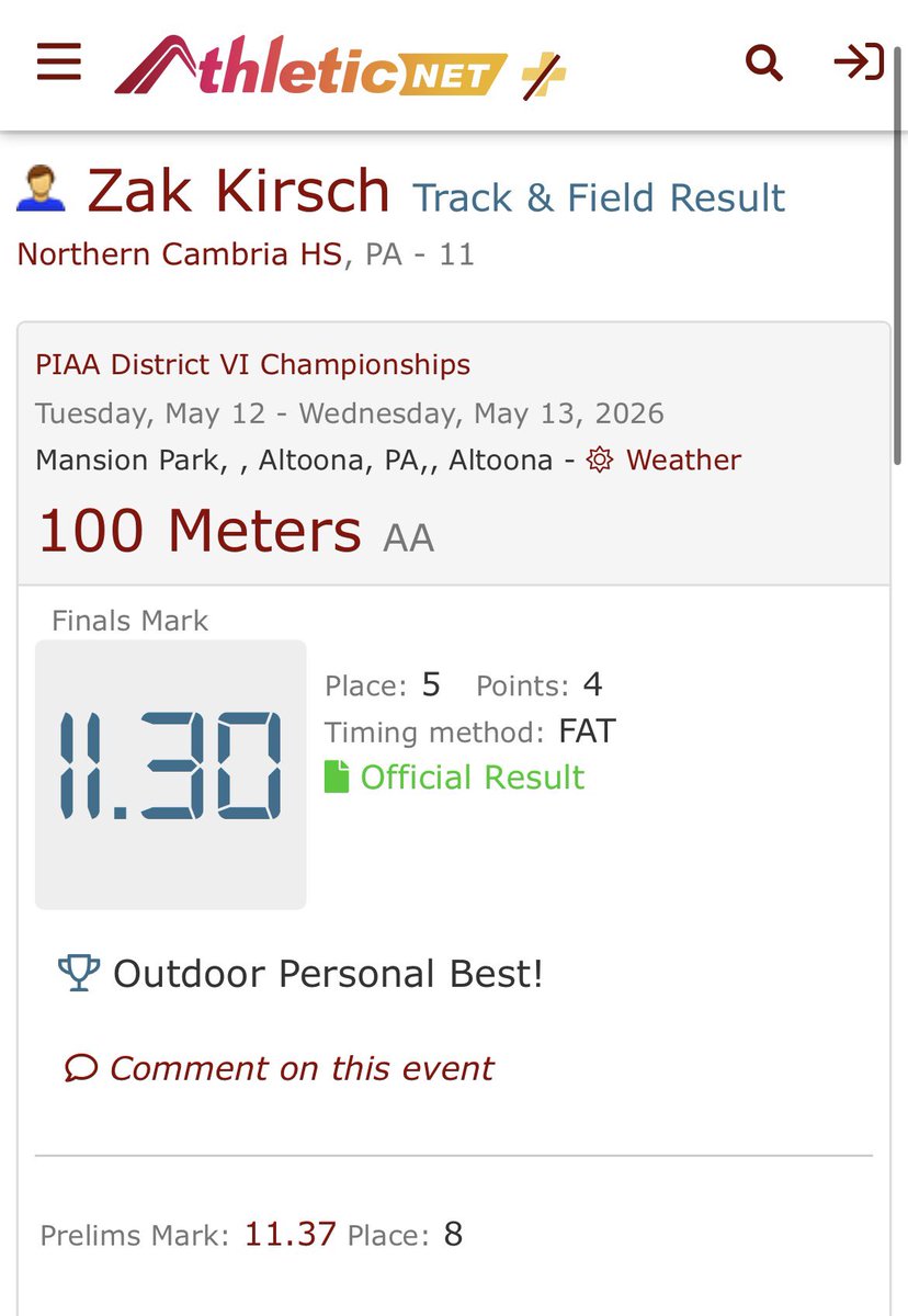 ZakKirsch's tweet photo. Ended the season on a high note today with a PR in the 100m dash!! Ran an 11.30 and received 5th place in district 6!! https://t.co/Kj4semCtZq