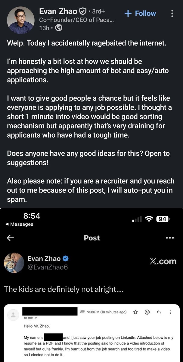 spktraj's tweet photo. @EvanZhao6 a better middle ground would probably be requesting videos only from shortlisted candidates, or making them optional after an initial screening. otherwise, the application process starts feeling less like hiring and more like companies adding side quests to unemployment. https://t.co/G18LffL19L