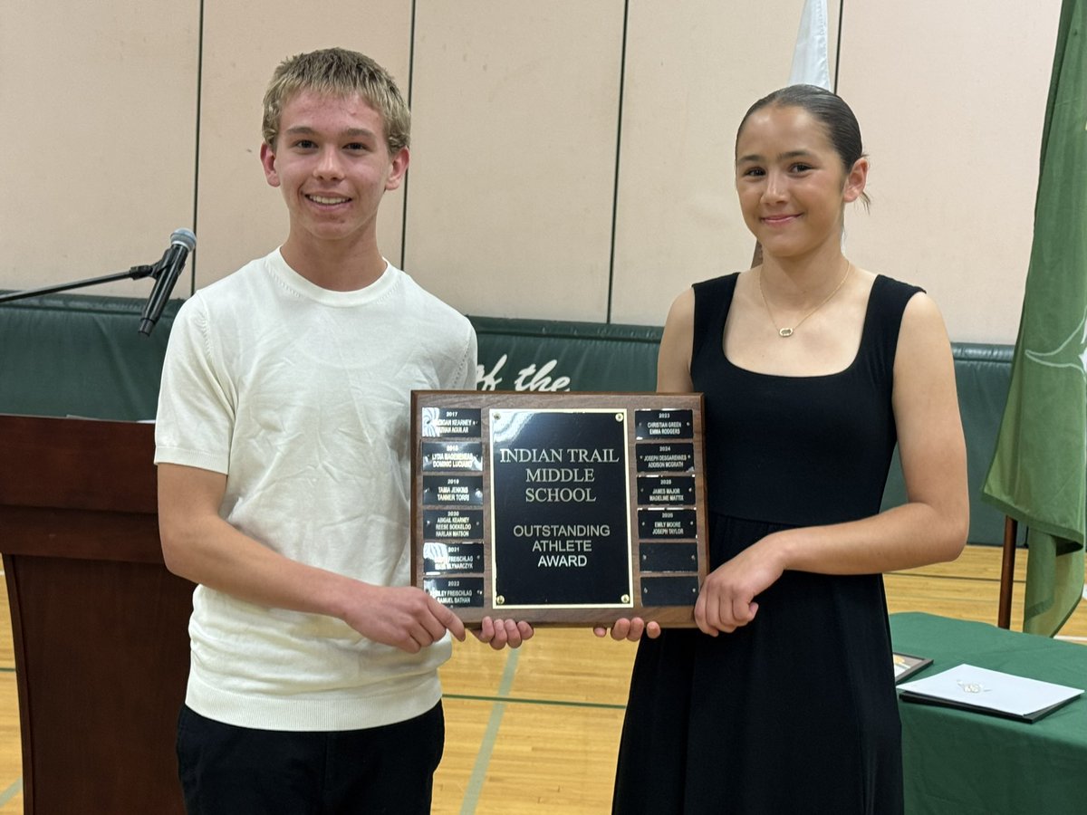 IndianTrailMS's tweet photo. We held our 8th grade awards this evening, recognizing 73 of our 8th graders. Emily M and Joseph T were named our Athletes of the Year!  Congrats to them and to all our honorees! https://t.co/a8IeyTviOY