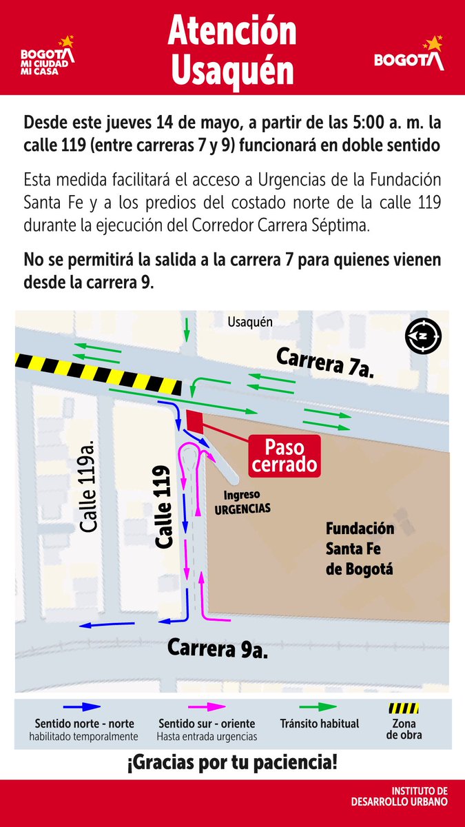 idubogota's tweet photo. #ProgramaTuViaje | Desde mañana, jueves 14 de mayo, la calle 119 entre carreras 7 y 9 funcionará en doble sentido.
No habrá salida a la carrera Séptima para quienes vienen desde la carrera Novena. https://t.co/B2ayBGedP6