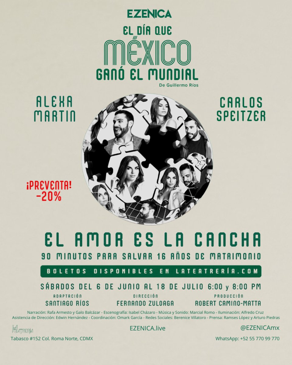 EZENICAmx's tweet photo. ¿Se puede salvar una relación en 90 minutos? ⚽💔

Ven a @LaTeatreria a reflexionar sobre una de las preguntas más intensas del amor: ¿cuándo acaba el amor? ❤️‍🔥

#ElDíaQueMéxicoGanóElMundial llega con una historia divertida, emocional y llena de nostalgia. https://t.co/8STuQAmjxA