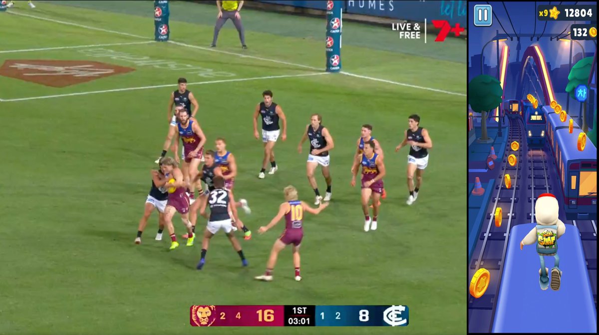 JustinCase_6's tweet photo. JUST IN: @7AFL are reportedly trialling Subway Surfers gameplay alongside tonight's Geelong vs Brisbane broadcast.

Sources say it is an attempt to increase watch time following declining TV ratings in recent weeks. #AFL https://t.co/puvOOK9yQ2
