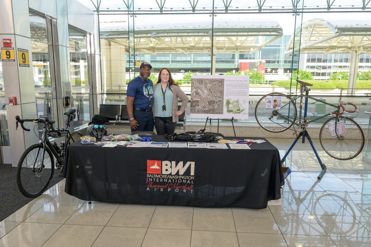 BWI_Airport's tweet photo. You're likely not thinking 'bike' while at the airport.

That's why our team was set up yesterday in our main terminal area. To support National Bike To Work Week and other @MarylandDOT bicycling programs.

Don’t forget about the BWI Trail which encompasses airport grounds. https://t.co/b2pUDSI8fF