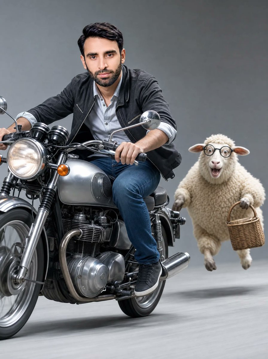 Man on Retro Motorcycle with Leaping Sheep