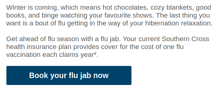 agentK's tweet photo. Big organisations have so little and poor insight into their own customers. 

My health insurance advertising their policy-covered flu shot to me that I had more than an month ago and got reimbursed for pretty much right away.

How hard would it be to run a "SELECT * FROM customers WHERE flushot2026 = 0" query before sending this? Fewer emails and better UX.