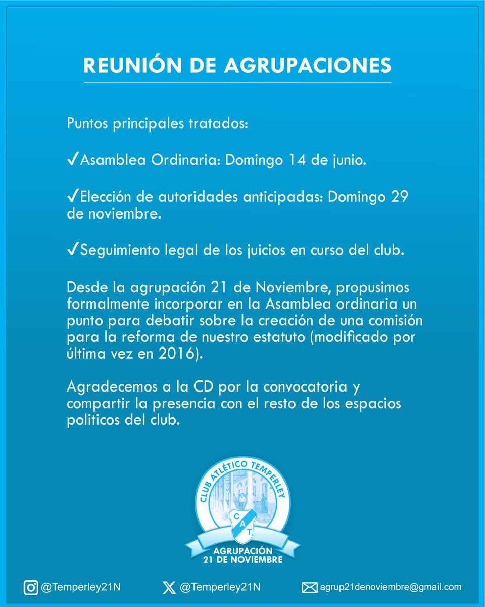 Temperley21N's tweet photo. 🧾🏛Reunión de agrupaciones en el club: elecciones, asamblea y propuesta para avanzar en la reforma del estatuto. 

Agrupación 21 de Noviembre https://t.co/FOSnbsIXrj