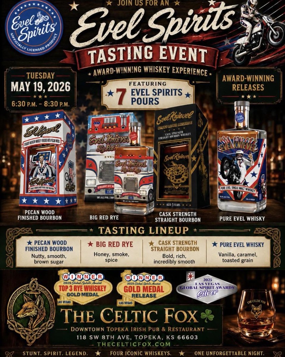 evelknievel's tweet photo. Hello Topeka, Kansas Whiskey Fans!

We are getting ready for Big Red Run from Topeka to Vegas and are inviting you to join us at the Celtic Fox Irish Pub to try our Evel spirits releases and wish our team well before we hit the road.
Join us May 19 at 6:30 PM.
#celticfoxirishpub
#americaniconspirits
#Topeka #Kansas