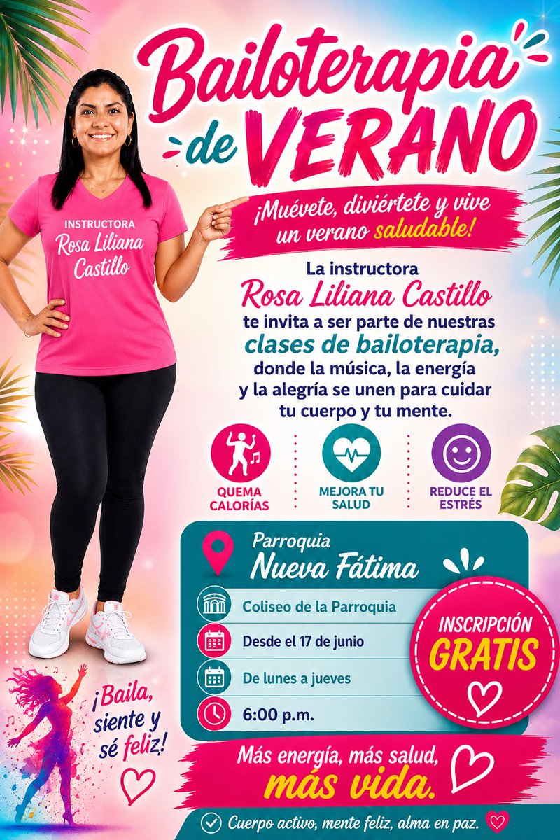 RousCL2's tweet photo. 💃☀️ ¡Este verano se baila en la Parroquia #NuevaFátima!
#Sozoranga
#Loja
Ven a disfrutar de nuestra Bailoterapia de Verano 🔥
✅ Inscripción GRATIS
🎶 Energía, salud y diversión
📍 Coliseo de la Parroquia
🕕 6:00 p.m.
¡Te esperamos! 💪✨ https://t.co/IOUDAizhar