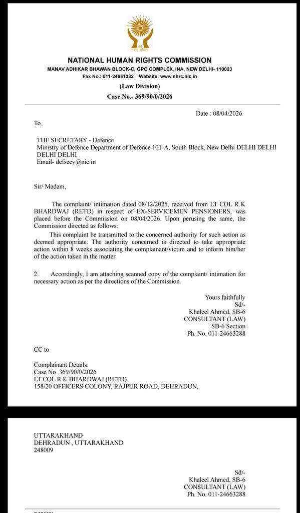 RajKuma35152604's tweet photo. 🔥 DAY 152: NATIONAL HUMAN RIGHTS COMMISSION (NHRC) DISPOSED WITH DIRECTIONS (DWD) OUR CASE No. 369/90/0/2026 ON SPARSH CRISIS – 5 WEEKS PASSED, STILL NO ACTION!
RTI FILED 13 MAY 26 WITH DESW FOR STATUS  

#SPARSHFailsVeterans Campaign 
(👁️ 48,230 Views)
https://t.co/v7owLXiDaZ

📌 EXCLUSIVE FOR PRINT & ELECTRONIC MEDIA  

THE SPARSH CRISIS IN BRIEF
SPARSH has caused severe hardship to lakhs of SUPER-SENIOR Ex-Servicemen (70–95+ years), VEER NARIS (martyr windows) and rural/non-tech-savvy pensioners due to 50%+ flawed data migration (blank/wrong entries), erroneous pensions and dignity violations. Instead of CGDA/PCDA(P) correcting the data themselves using existing 2017 ePPOs and old records, the entire burden was shifted onto aged veterans living in remote areas.  

COMPLETE STORY – NHRC TAKES COGNIZANCE

On 08 Dec 25, We filed a detailed petition on behalf of the affected Ex-Servicemen before the Hon'ble Chairperson National Human Rights Commission.  

NHRC VERBATIM DISPOSED WITH DIRECTIONS (Letter dated 08 Apr 26 – Case No. 369/90/0/2026)

“The complaint/intimation dated 08 Dec 25, received from LT COL R K BHARDWAJ (RETD) in respect of EX-SERVICEMEN PENSIONERS…
This complaint be transmitted to the concerned authority for such action as deemed appropriate. The authority concerned is directed to take appropriate action within 8 weeks associating the complainant/victim and to inform him/her of the action taken in the matter.”  

MoD FORWARDED NHRC LETTER (DWD-369/90/0/2026-reg)

The Ministry of Defence forwarded the NHRC directions and a scanned copy of our original petition to D(PG)/DESW vide their letter MoD I.D. No. 21(30)/2025-d(JCM)/RC dated 22 Apr 26 for necessary action.  
5 WEEKS HAVE ALREADY PASSED
No intimation of any action taken has been received by the complainant till date.  

LATEST DEVELOPMENT (13 May 26)

We have filed RTI DEXSW/R/E/26/00635 with Department of Ex-Servicemen Welfare seeking:  
1.  Present status of action taken by DESW on NHRC Case No. 369/90/0/2026 pursuant to NHRC directions dated 08 Apr 26 and MoD forwarding letter.  
2.  Copies of all notes, minutes, decisions, file notings, communications and orders issued so far.  
3.  Expected timeline for completion of action and intimation to the NHRC  and undersigned.

HUMANITARIAN COST

Lakhs of SUPER-SENIOR veterans and Veer Naris continue to suffer erroneous pensions, access barriers and dignity violations despite Hon'ble CAG also ordering suo moto #SPARSH Efficiency-cum-Performance Audit  and NHRC issuing clear directions.  

MOST HUMBLE APPEAL 🙏

To Hon’ble Prime Minister Sh Narendra Modi Ji and Defence Minister Sh Rajnath Singh Ji: 
Kindly direct -
◾ Secretary ESW to immediately:
   ▪️Complete the action directed by NHRC within the remaining 3 weeks
   ▪️Associate the complainant and intimate the action taken to NHRC 
◾ Defence Secretary to Instruct
 CGDA/PCDA(P): 
   ▪️Undertake bulk legacy data correction themselves and 
  ▪️Allow temporary bank opt-out for ESM above 70 years and family pensioners till SPARSH stabilises  

We continue to place full faith in your compassion and commitment for the welfare of those who served the nation selflessly.  

Jai Hind! 🇮🇳 

@PMOIndia
#PrincipalSecretaryToPrimeMinister
@DefenceMinIndia
@DrJitendraSingh
@IndiaCAG 
@India_NHRC
#ShKhaleelAhmed #ConsultantLawSB6
@SpokespersonMoD 
#DefenceSecretary 
#ShRajeshKumarSingh
#FADS
#ShVishvajitSahai
@secyesw 
#SmtSukritiLikhi
@DefenceAccounts 
#CGDA
@PcdaPensions  
@HQ_IDS_India #CDS
@adgpi @indiannavy @IAF_MCC
@Vedmalik1 @arunp2810
@kayjay34350 @Ptr6Vb
@rakesharma15 @KatochPrakash
@ragarwal @ColTekpal @RDXThinksThat @amitabhafirst @kkhushal9 @Ravindra_Fouji
@IndianExpress @the_hindu
@timesofindia @htTweets
@thetribunechd @moneycontrolcom
@jomalhotra @BDUTT @ravish_journo
@aajtak @ndtv @republic @ABPNews @ZeeNews @TimesNow @News18India