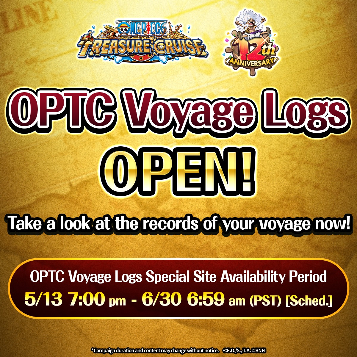 ONE_PIECE_TC's tweet photo. ONE PIECE Treasure Cruise Voyage Logs are OPEN for a limited time only 📜

It's time to look back on your adventures!
Five different images are selected at random to create your very own Logs!

Check the in-game Notice for more details!

#ONEPIECE #OPTC #OPTC12th