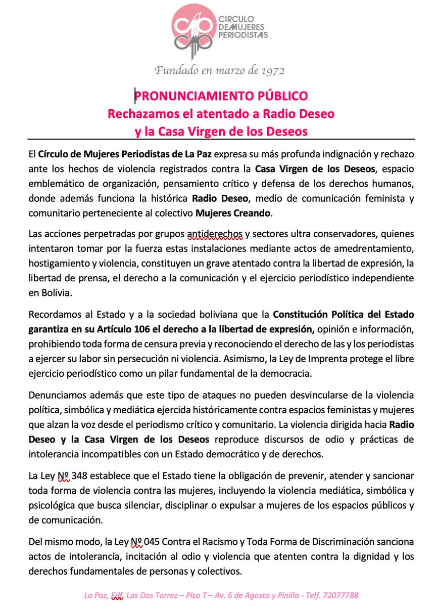 CIrculoMP's tweet photo. 🔴 Repudiamos cualquier acto de violencia en contra de radio Deseo 103.3 @VirgenDeseos @mujerescreando1 
📢Exigimos garantías las y los trabajadores en prensa.
#fypシ゚viral  #Bolivia #Prensa https://t.co/GnJe6v28wO