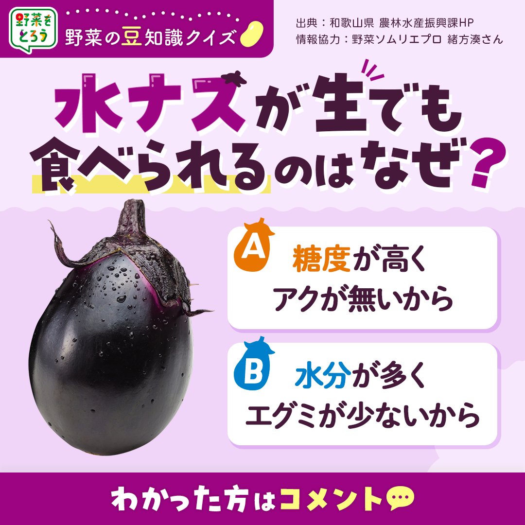 「②野菜王子※説明文必読」 ◤￣￣￣￣￣￣￣￣￣￣​￣ #野菜の豆知識 クイズ🍆 ______◢​ 水ナス
