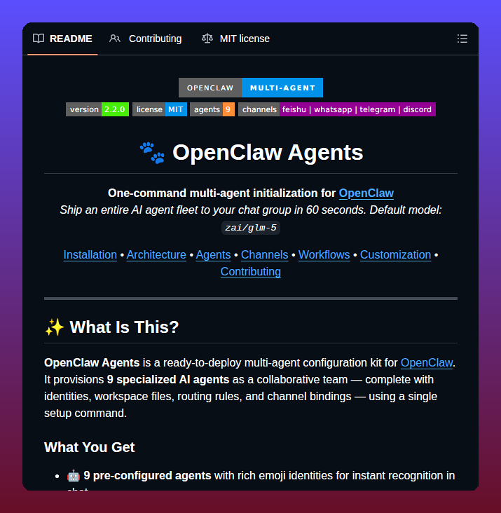 Sets up nine specialized AI agents for OpenClaw in one command https ...
