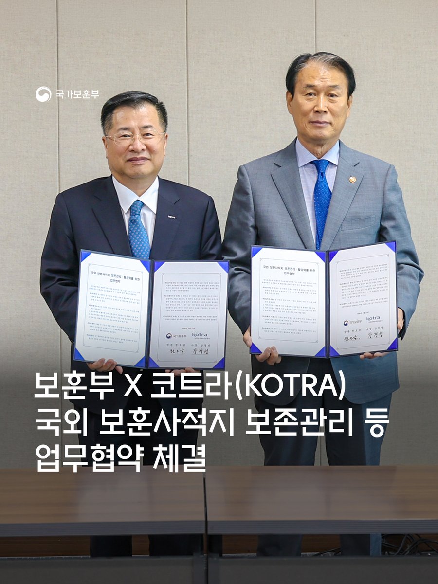 hun2day's tweet photo. 국가보훈부와 대한무역투자진흥공사(KOTRA)는 39개국 1,400여 곳에 이르는 ‘국외 보훈사적지 보존관리와 방문 활성화’를 위해 업무협약을 체결했습니다.

자세히 보기👉https://t.co/KGdTJCjYSq

#국가보훈부 https://t.co/JaJhABKqxS