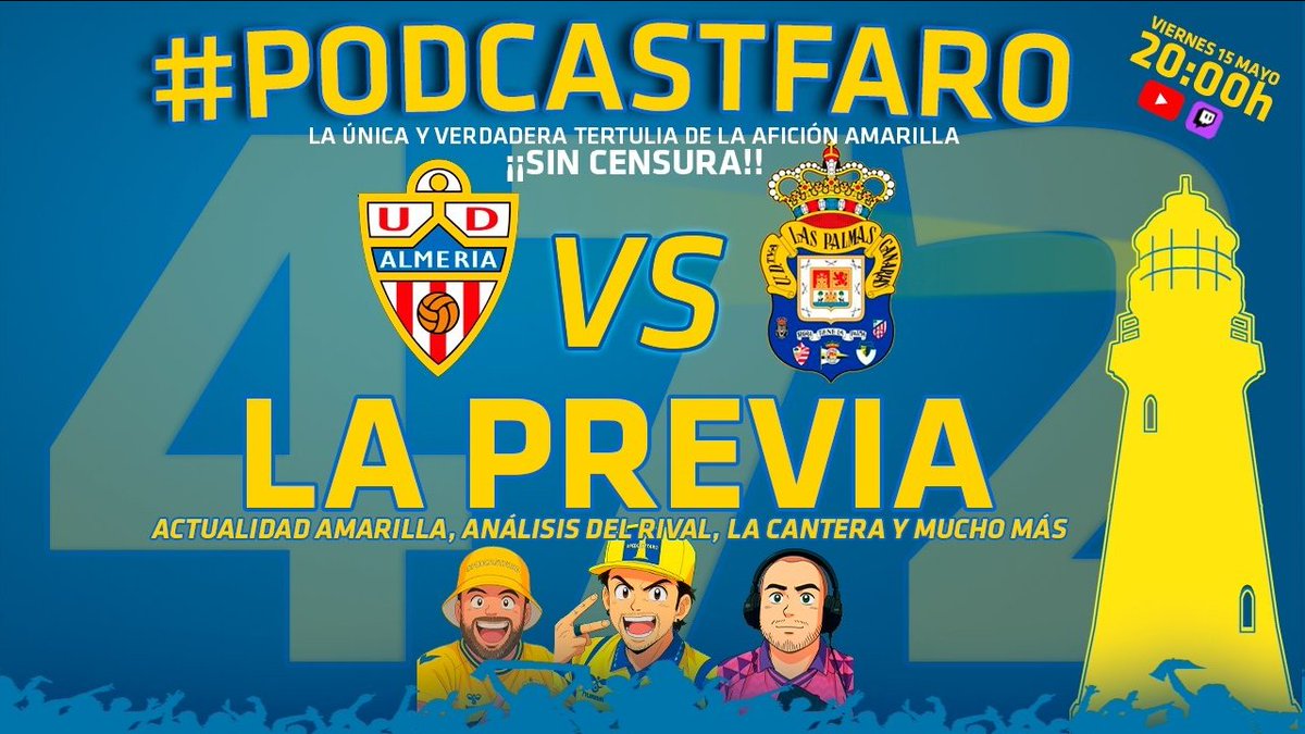 FaroAmarilloUD's tweet photo. Buenos días, Faro‼️

➡️ Movemos a MAÑANA la mejor 𝗣𝗥𝗘𝗩𝗜𝗔 de la Afición amarilla con el ANÁLISIS del #AlmeriaLasPalmas , la agenda de la Cantera y mucho más 💪

📱 RECUERDA que es MAÑANA a las 𝟮𝟬:𝟬𝟬𝗵 en YouTube y Twitch https://t.co/zwPqz6DIkg