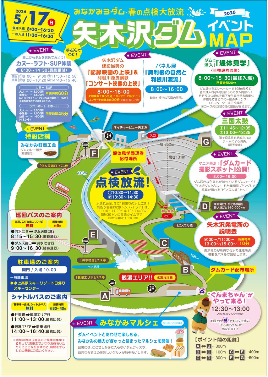 みなかみ3ダム春の点検大放流情報：矢木沢ダム①】 ずぶ濡れ必至の点検