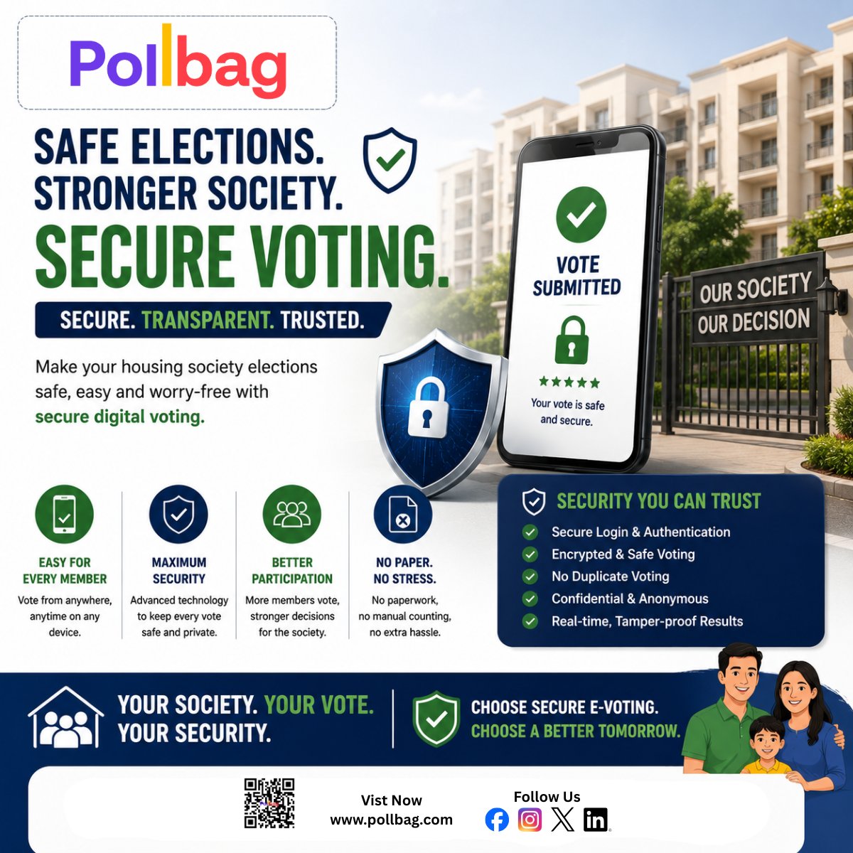 Pollbagevoting's tweet photo. Safe. Secure. Simple.
Housing society elections are easier to manage with Pollbag’s secure e-voting system.
https://t.co/zDWFUoB2kT
#SecureVoting #HousingSociety #Pollbag https://t.co/6wrLR8PGke