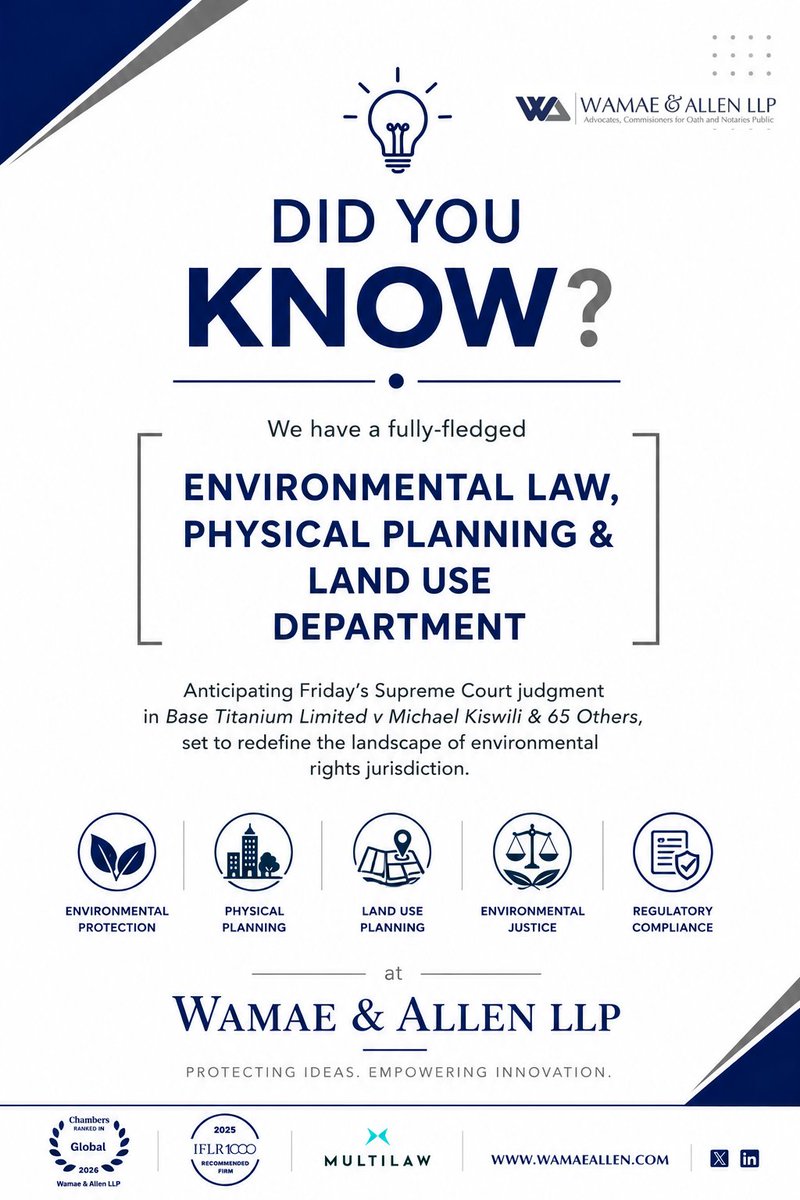 WamaeAllen's tweet photo. Anticipating Friday’s Supreme Court judgment in Base Titanium Limited v Michael Kiswili & 65 Others, set to redefine the landscape of environmental rights jurisdiction.
#EnvironmentalLaw #SupremeCourt #EnvironmentalJustice #LandUse #PhysicalPlanning #KenyaLaw #WamaeAndAllenLLP. https://t.co/lk4jixbFtQ