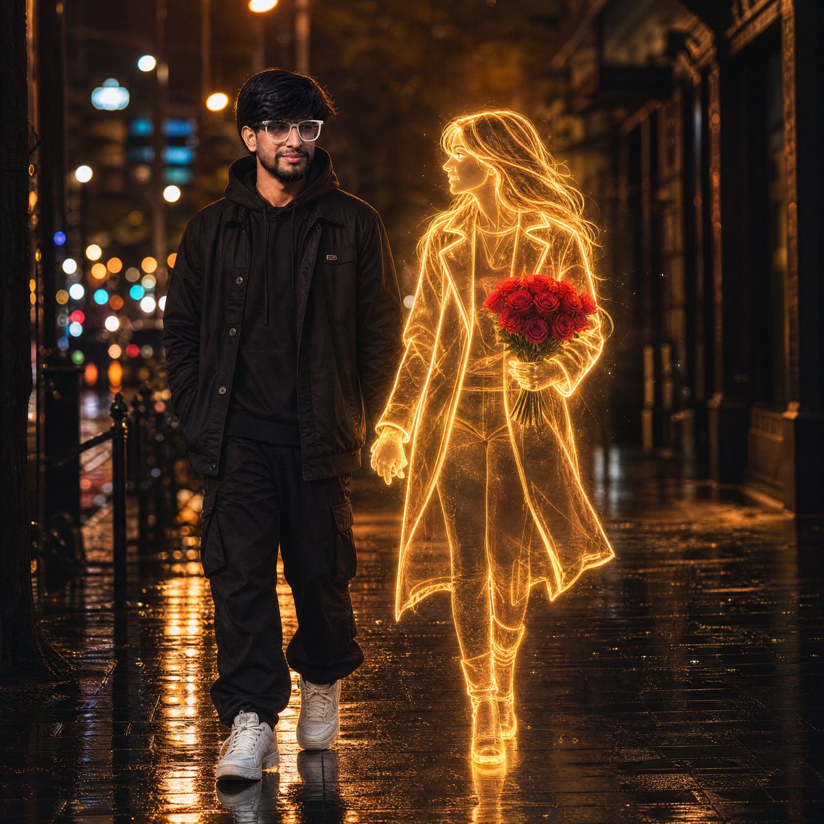 im_shahid7's tweet photo. Imagination ❤️
Made with GPT Image 2 on @SocialSight 
Prompt:

{
  "prompt": "A cinematic fantasy-realism night scene of a young man(same as in uploaded image) walking hand-in-hand with a glowing holographic woman on a wet city street after rain. The man is realistic, wearing an all-black layered outfit with a black hoodie, black jacket, black cargo pants, white sneakers, messy dark hair, light stubble, and round glasses. He has a calm, slightly emotional expression while looking toward the glowing woman. The woman is made entirely of warm golden light lines and neon outlines, appearing like a luminous human sketch or spirit figure. She has flowing hair, wears a long glowing coat, and carries a bouquet of vivid red roses that stand out against the dark environment. The street reflects orange streetlights and city bokeh lights, creating glossy reflections on the wet pavement. Moody urban atmosphere, romantic loneliness aesthetic, shallow depth of field, ultra-detailed cinematic lighting, soft glow effects, realistic textures, emotional storytelling, high contrast, photorealistic style, 8K, vertical composition."
}