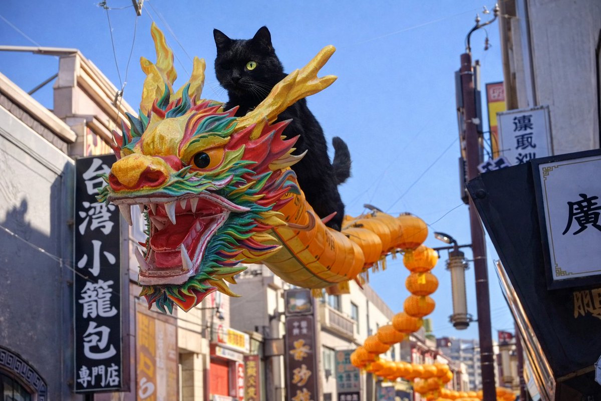stiiistones's tweet photo. 【黒猫ジャックの旅日記】

​瞳を点ずれば、龍は雲を呼び天へ昇る🐉

​令和の「画竜点睛」は、一匹の黒猫が紡ぐ魔法🪄
提灯で編まれた静かな龍に、猫が宿した霊力が命を吹き込み、真の姿を呼び覚ます。

​時を超えた伝説が、今、横浜中華街に動き出す。
彼らはどこへ向かうのか🐈‍⬛🐉
​#龍 #黒猫 #ジャック #横浜中華街 #画竜点睛