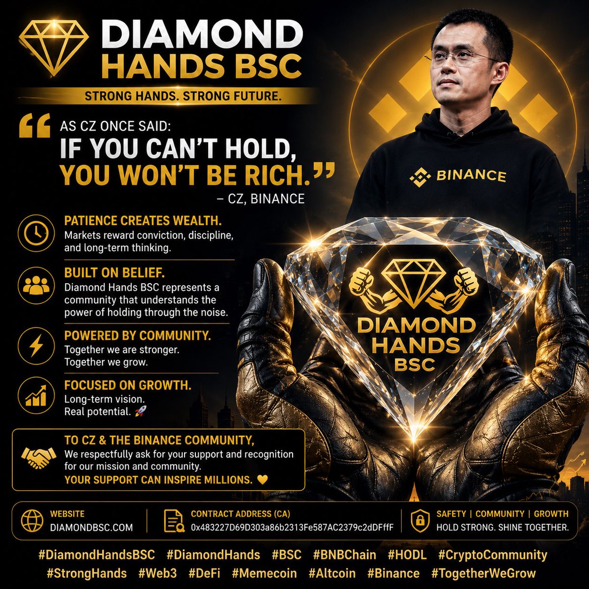 DIAMONDBSC's tweet photo. 💎 To the visionary leaders of the crypto industry, especially Changpeng Zhao and the Binance community —

We are building more than just a token with DIAMOND HANDS BSC.
We are building a strong community driven by patience, conviction, and long-term belief in the future of crypto.

Your support and recognition would mean a lot to a growing movement that believes in the true spirit of decentralization and strong communities.

As CZ once said:
“If you can’t hold, you won’t be rich.”

That mindset continues to inspire communities like ours to stay committed, keep building, and grow stronger every day. 🚀

🌐 https://t.co/M0Ul4zPJUj
📍 CA: 0x483227D69D303a86b2313Fe587AC2379c2dDFffF

#DiamondHandsBSC #Binance #BNBChain #CryptoCommunity #Web3 #DiamondHands #HODL